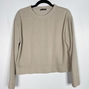 Zara Womens Medium M Cream Ribbed Crew Neck Sweatshirt Rib Hem Cuff Brown